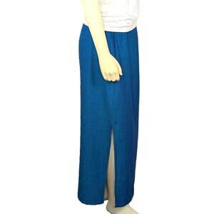 Vintage 90s Linen Blend Midi Skirt M Ocean Blue Side Slit Minimalist Coastal
